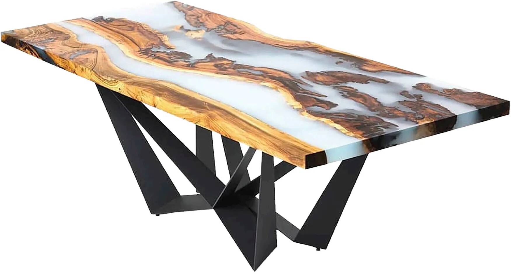 Table à manger en bois massif hackberry et époxy blanc opaque 140x100