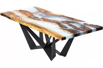 Table à manger en bois massif hackberry et époxy blanc opaque 160x100