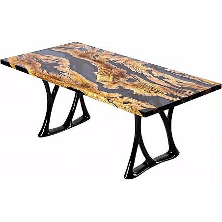 Table à manger en bois massif olive et époxy noir fumé 140x100