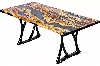 Table à manger en bois massif olive et époxy noir fumé 200x100