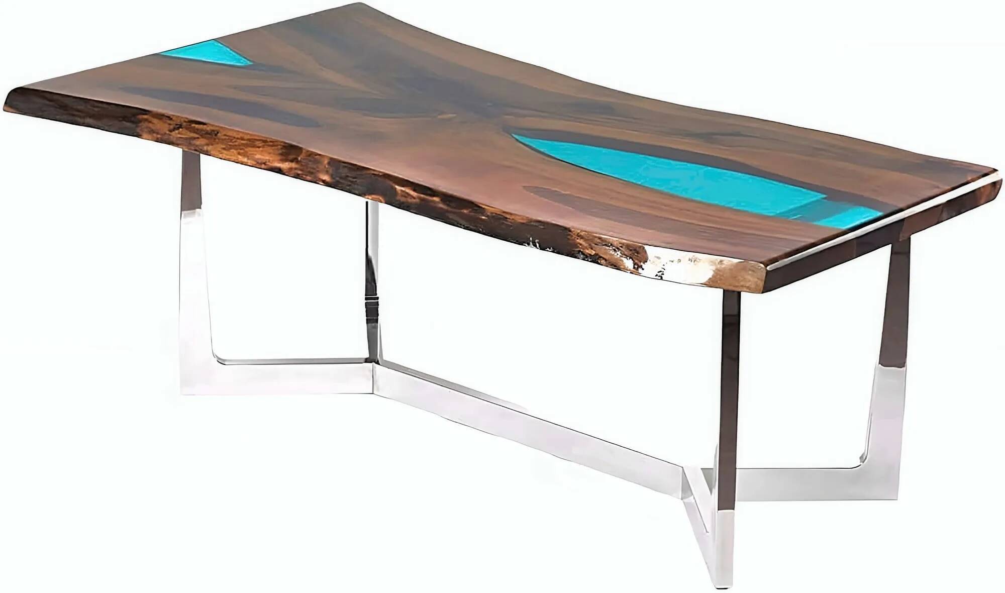 Table à manger en bois massif noyer et époxy bleu 140x100