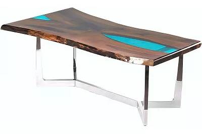 Table à manger en bois massif noyer et époxy bleu 180x100