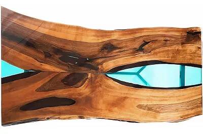 Table à manger en bois massif noyer et époxy bleu 200x100