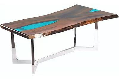 Table à manger en bois massif noyer et époxy bleu 200x100