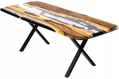 Table à manger en bois massif élaeagnus et époxy noir fumé 140x100