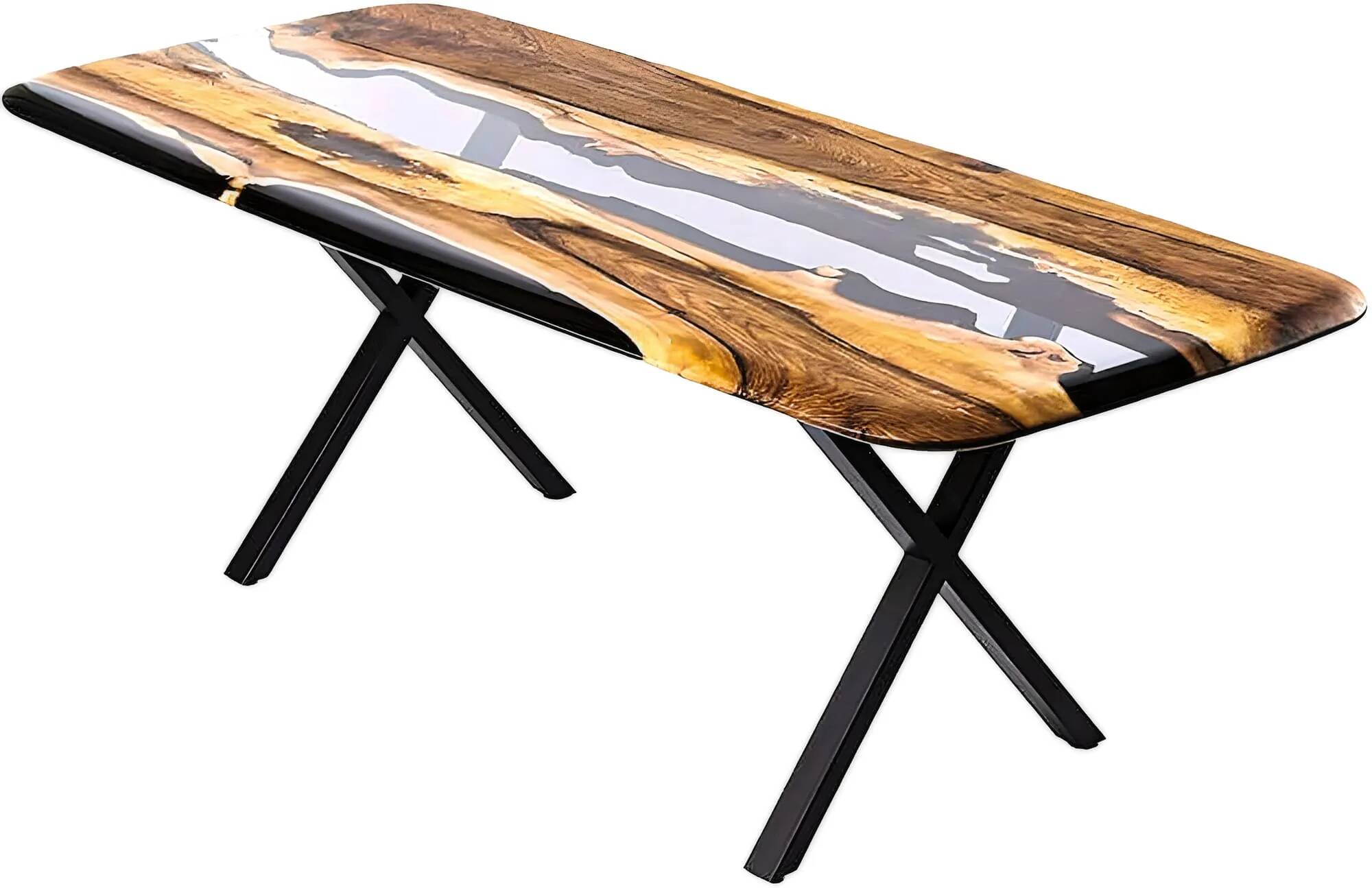 Table à manger en bois massif élaeagnus et époxy noir fumé 140x100