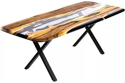 Table à manger en bois massif elaeagnus et époxy noir fumé 160x100