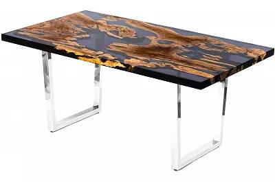 Table à manger en bois massif olive et époxy noir fumé 140x100