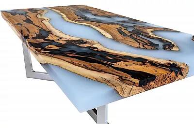 Table à manger en bois massif hackberry et époxy blanc opaque 140x100