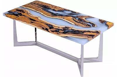 Table à manger en bois massif hackberry et époxy blanc opaque 160x100