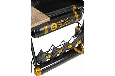 Console de bar moto en bois massif de manguier et acier noir doré