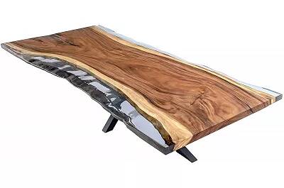 Table à manger en bois massif suar et époxy transparent 140x100
