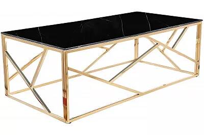 6659 - 109543 - Table basse design en verre aspect marbre noir et acier doré