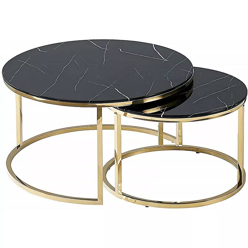 Set de 2 tables basses gigognes design en verre aspect marbre noir et acier doré