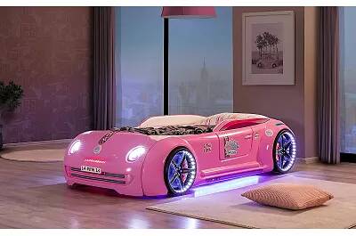 Lit voiture de sport Coccinelle full LED rose