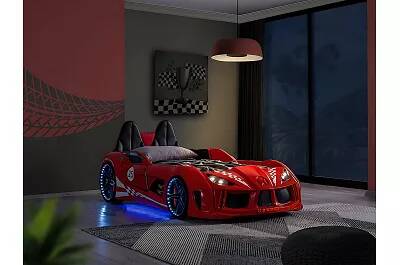 Lit voiture de sport full LED rouge avec double appuie tête noir