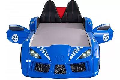Lit voiture de sport full LED bleu avec double appuie tête noir