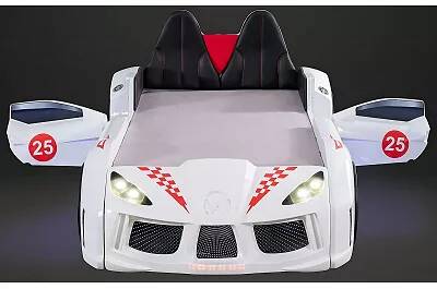 Lit voiture de sport full LED blanc avec double appuie tête noir