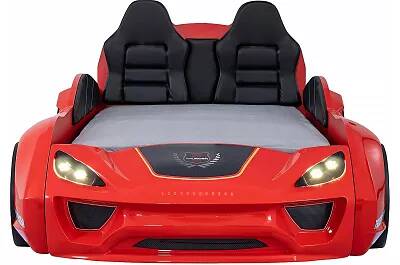 Lit voiture de sport full LED rouge avec double appuie tête noir
