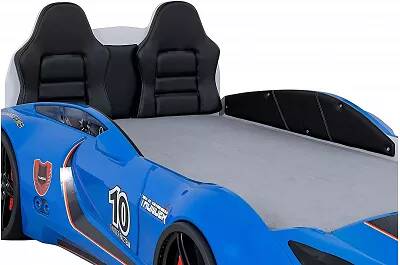 Lit voiture de sport full LED bleu avec double appuie tête noir