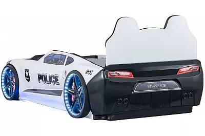 Lit voiture de sport GT4 Police full LED blanc et noir avec double appuie tête noir