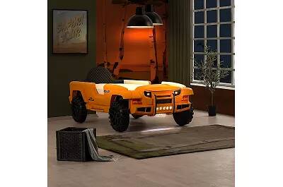 Lit Jeep 4x4 orange phare LED avec appuie tête matelassé noir