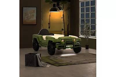 Lit Jeep 4x4 kaki phare LED avec appuie tête matelassé noir