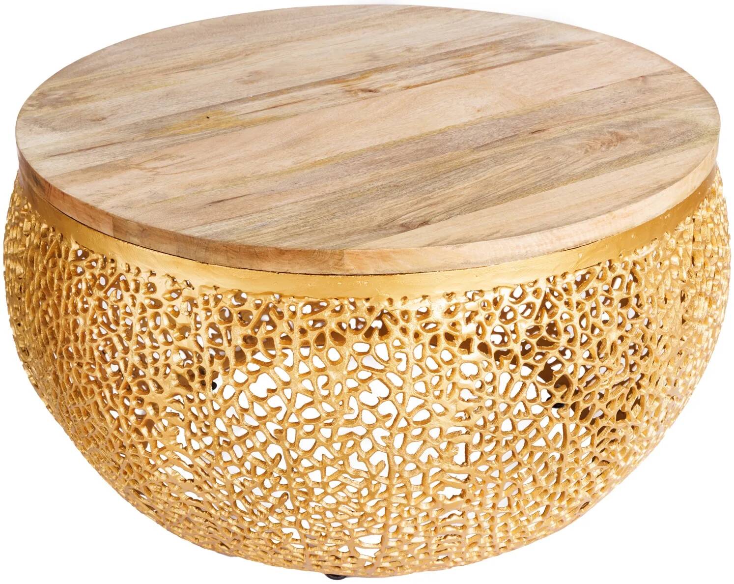 Table basse design en aluminium doré et bois de manguier