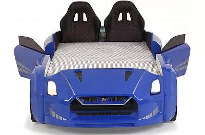 Lit voiture de sport GTR bleu full LED avec double appuie tête et Bluetooth