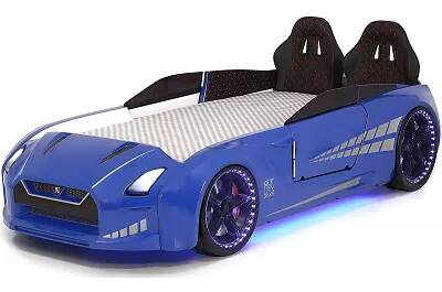 Lit voiture de sport GTR bleu full LED avec double appuie tête et Bluetooth