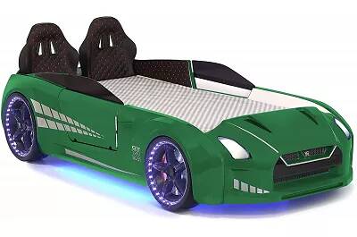 Lit voiture de sport GTR vert full LED avec double appuie tête et Bluetooth