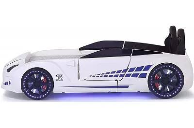 Lit voiture de sport GTR blanc full LED avec double appuie tête et Bluetooth