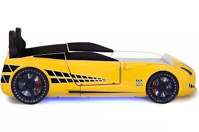 Lit voiture de sport GTR jaune full LED avec double appuie tête et Bluetooth