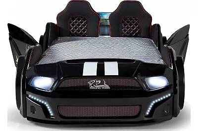 Lit voiture de sport Doge Racing noir full LED avec double appuie tête et Bluetooth