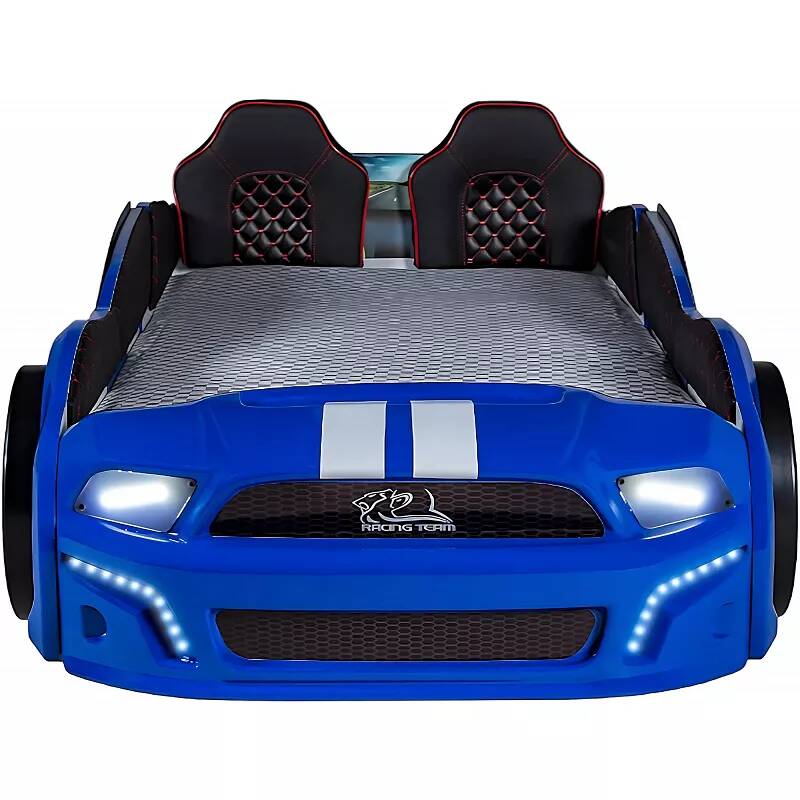 Lit voiture de sport Doge Racing bleu full LED avec double appuie tête et Bluetooth