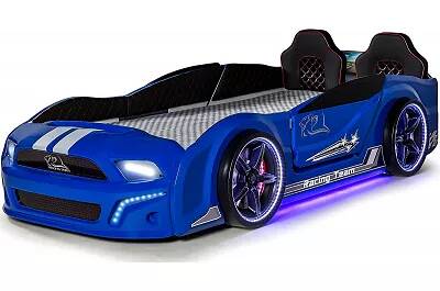 Lit voiture de sport Doge Racing bleu full LED avec double appuie tête et Bluetooth