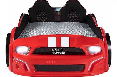 Lit voiture de sport Doge Racing rouge full LED avec double appuie tête et Bluetooth