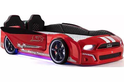 Lit voiture de sport Doge Racing rouge full LED avec double appuie tête et Bluetooth
