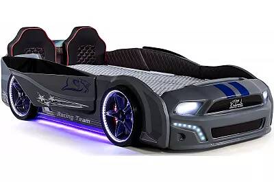 Lit voiture de sport Doge Racing gris full LED avec double appuie tête et Bluetooth