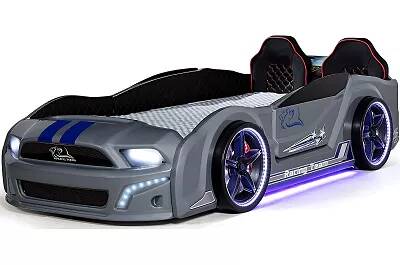 Lit voiture de sport Doge Racing gris full LED avec double appuie tête et Bluetooth