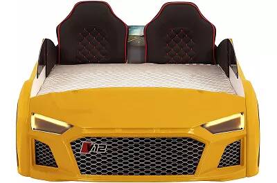Lit voiture de sport R8 jaune full LED avec double appuie tête et Bluetooth