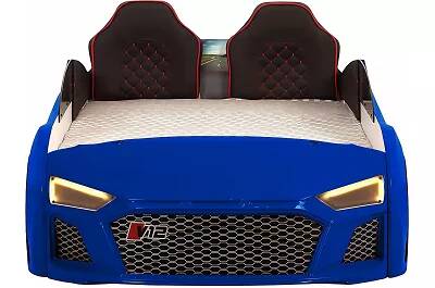 Lit voiture de sport R8 bleu full LED avec double appuie tête et Bluetooth