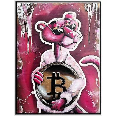 Tableau sur toile Panthère Rose Bitcoin blanc
