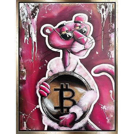 Tableau sur toile Panthère Rose Bitcoin doré antique