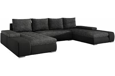 Canapé d'angle convertible en tissu chiné gris foncé et simili cuir noir