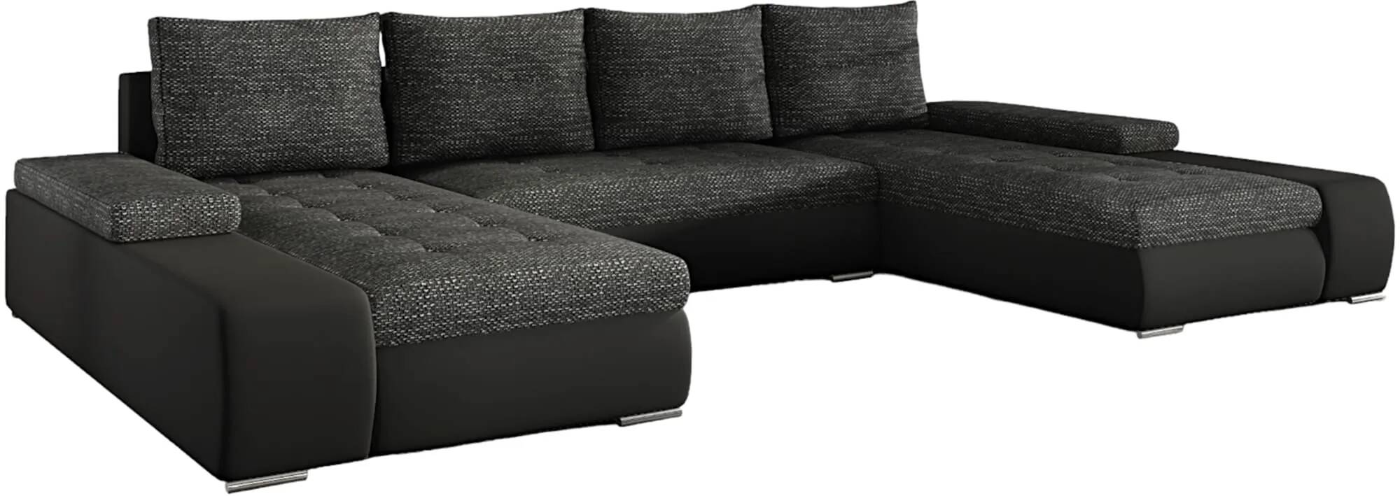 Canapé d'angle convertible en tissu chiné gris foncé et simili cuir noir
