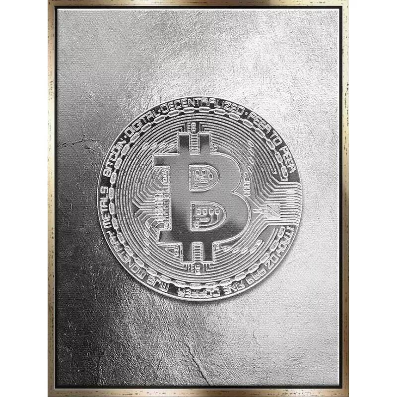 Tableau sur toile Bitcoin Pièce Chromé doré antique