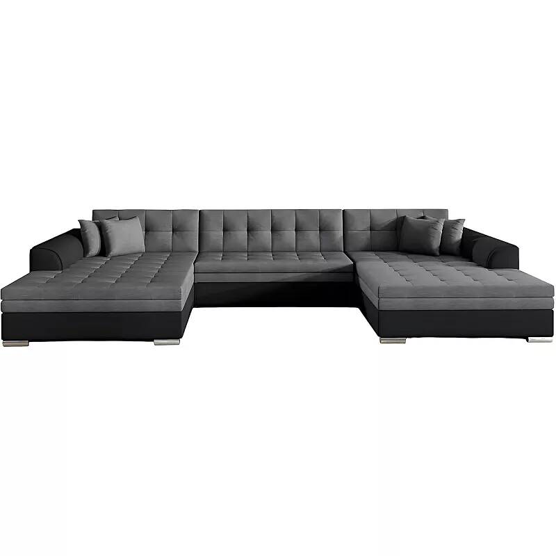 Canapé d'angle convertible en tissu gris foncé et simili cuir noir