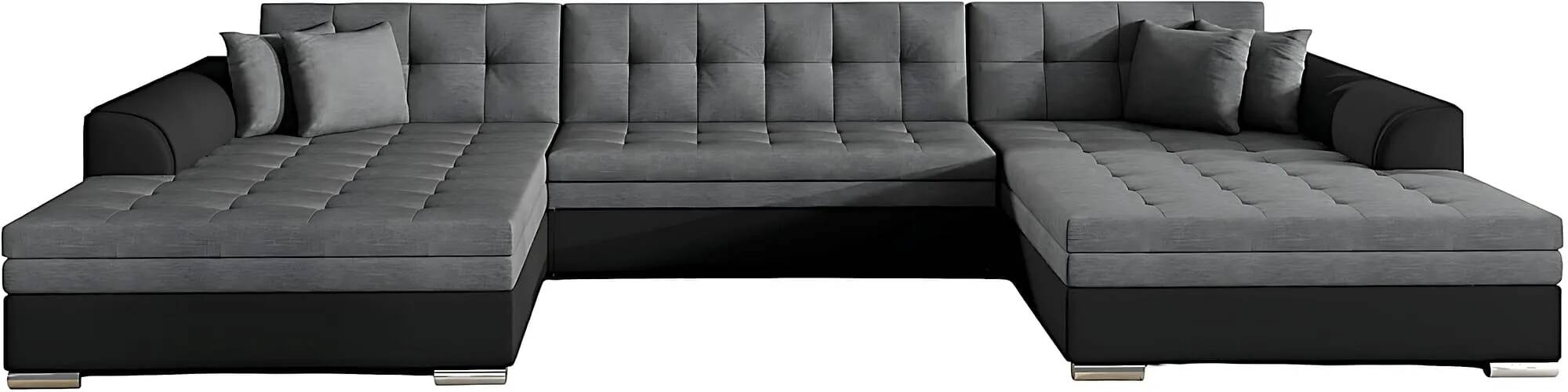 Canapé d'angle convertible en tissu gris foncé et simili cuir noir