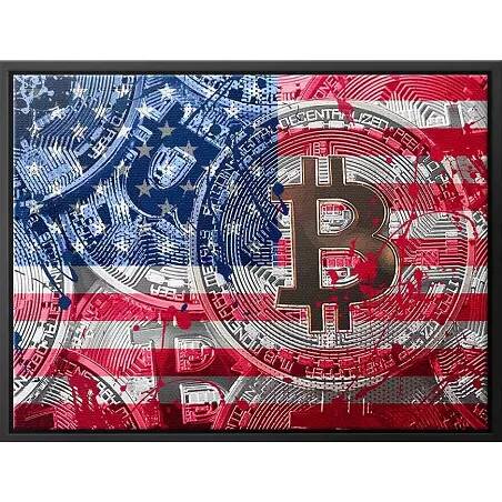 Tableau sur toile Bitcoin Drapeau USA noir